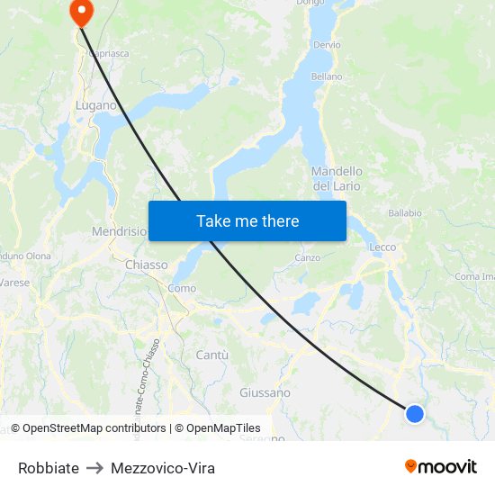 Robbiate to Mezzovico-Vira map