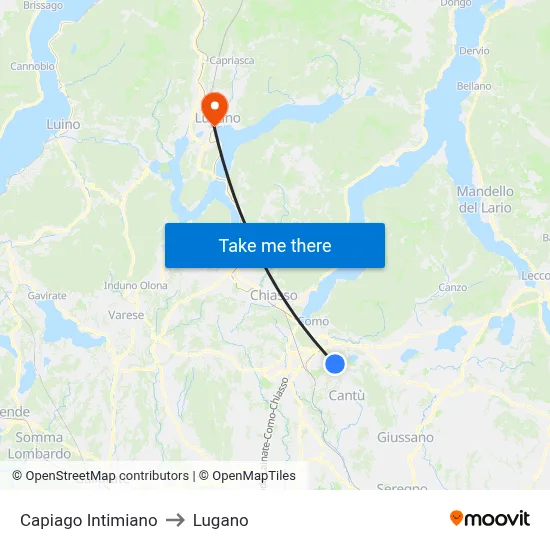 Capiago Intimiano to Lugano map