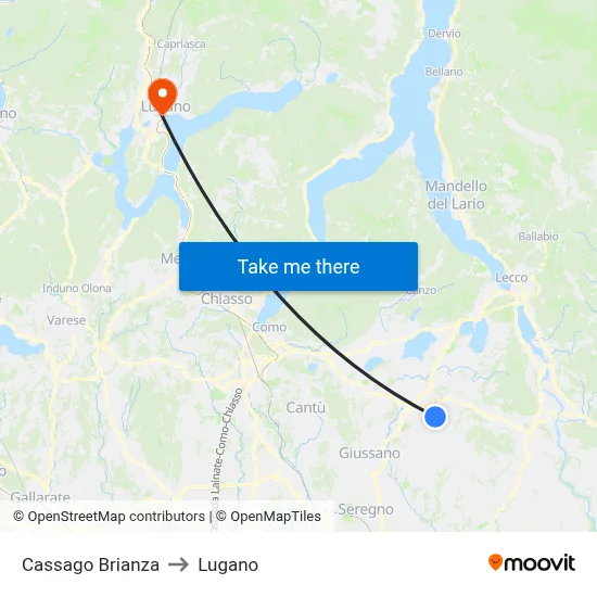 Cassago Brianza to Lugano map