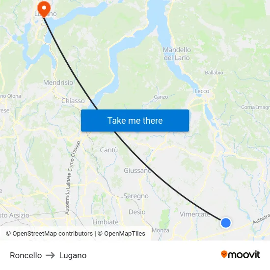 Roncello to Lugano map