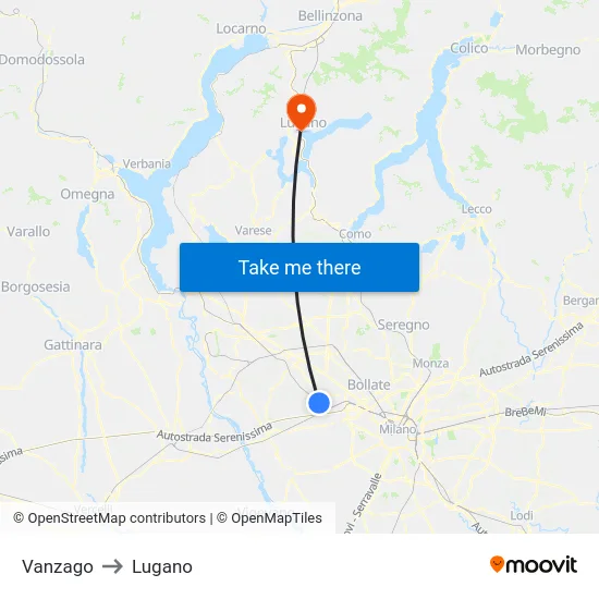 Vanzago to Lugano map