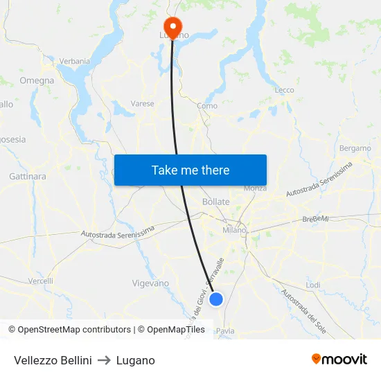 Vellezzo Bellini to Lugano map