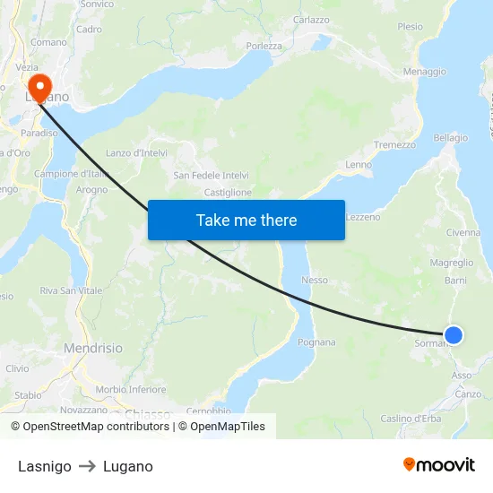 Lasnigo to Lugano map