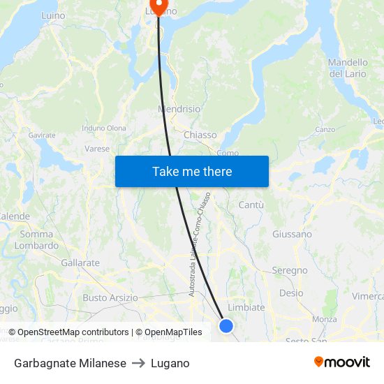 Garbagnate Milanese to Lugano map