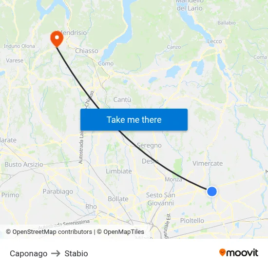 Caponago to Stabio map
