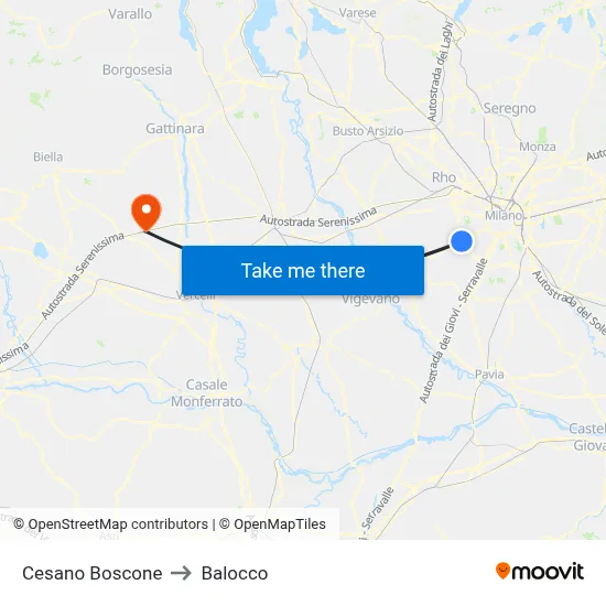 Cesano Boscone to Balocco map
