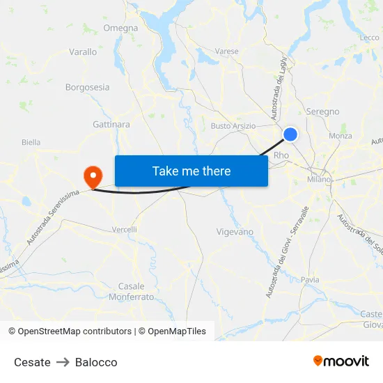 Cesate to Balocco map