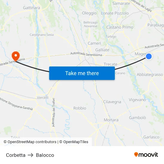 Corbetta to Balocco map