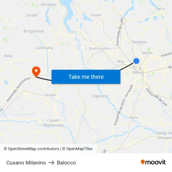 Cusano Milanino to Balocco map