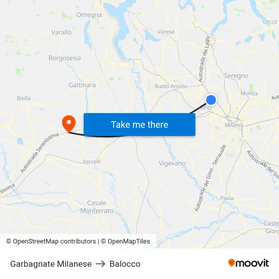 Garbagnate Milanese to Balocco map