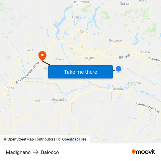 Madignano to Balocco map