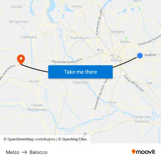 Melzo to Balocco map