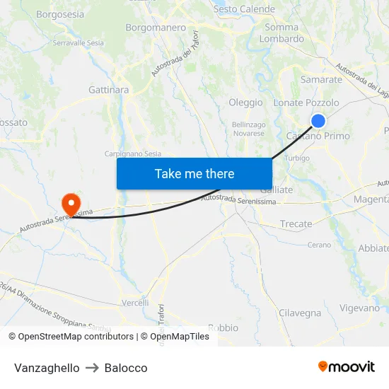 Vanzaghello to Balocco map
