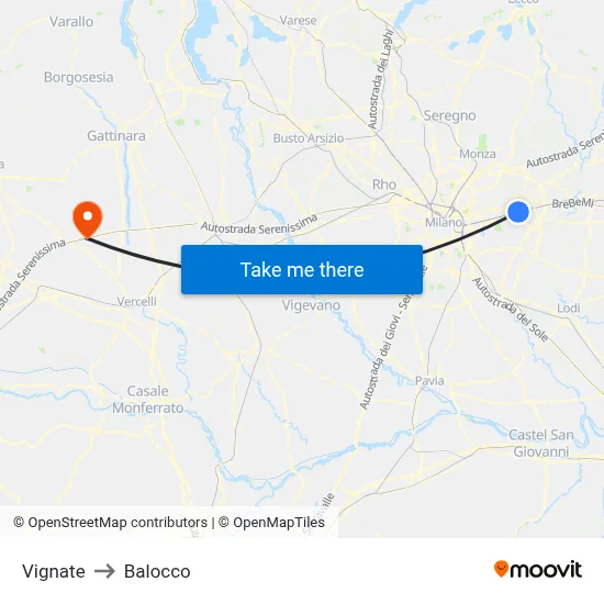 Vignate to Balocco map