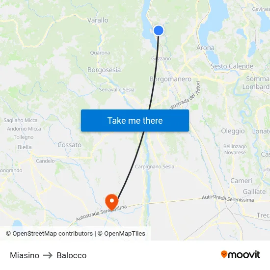 Miasino to Balocco map