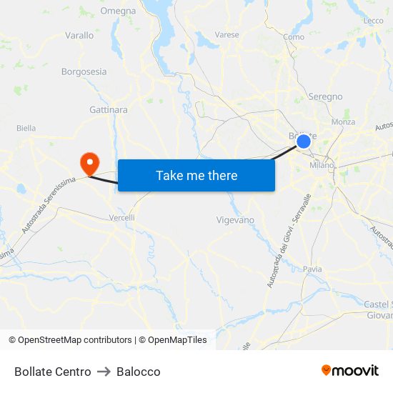 Bollate Centro to Balocco map