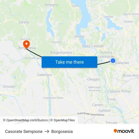 Casorate Sempione to Borgosesia map