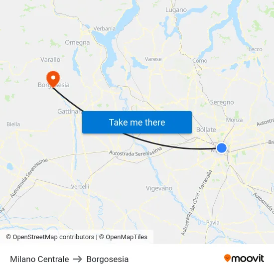 Milano Centrale to Borgosesia map