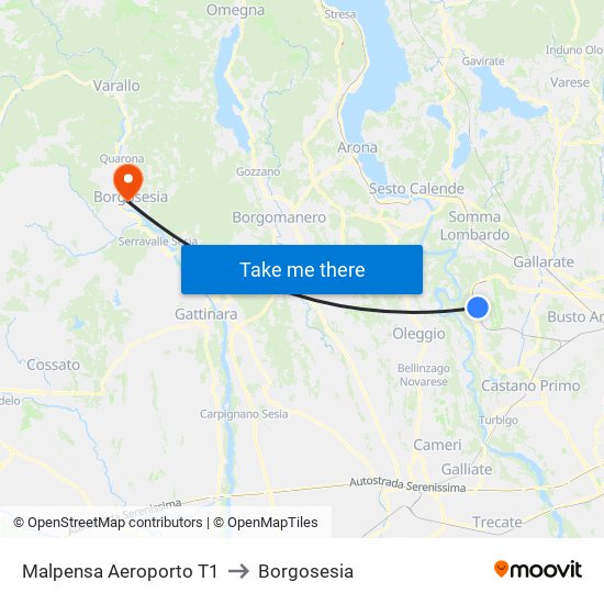 Malpensa Aeroporto T1 to Borgosesia map