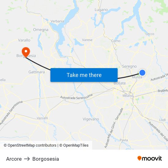 Arcore to Borgosesia map