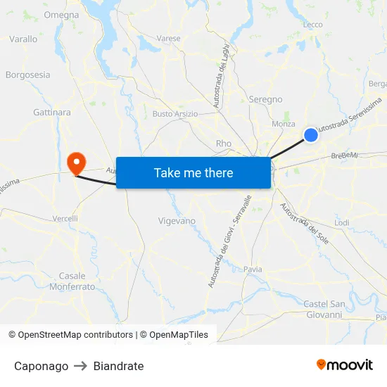 Caponago to Biandrate map