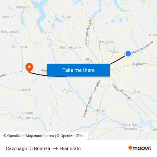 Cavenago di Brianza to Biandrate map