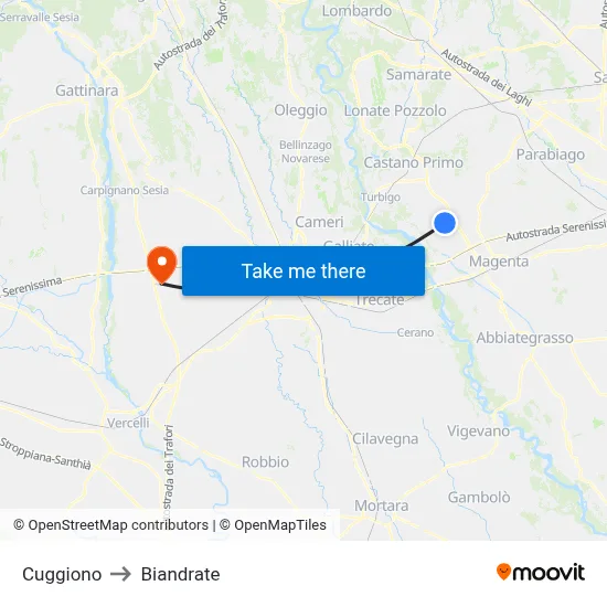 Cuggiono to Biandrate map