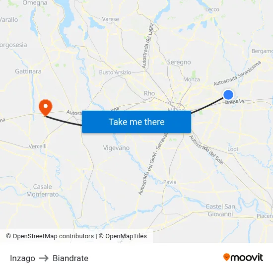 Inzago to Biandrate map