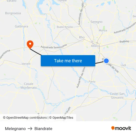 Melegnano to Biandrate map