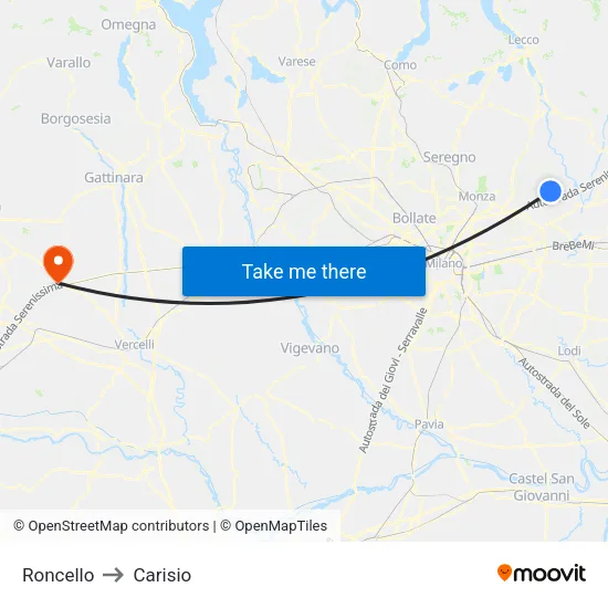 Roncello to Carisio map