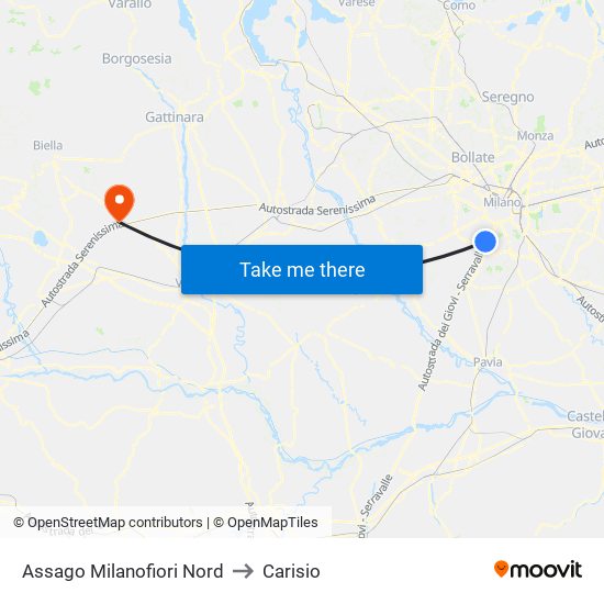 Assago Milanofiori Nord to Carisio map
