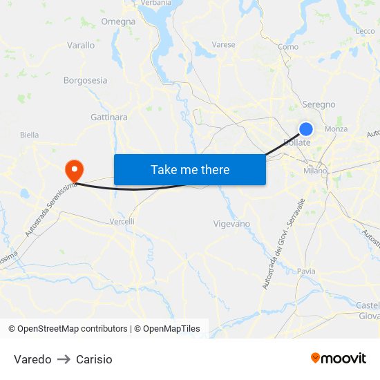 Varedo to Carisio map