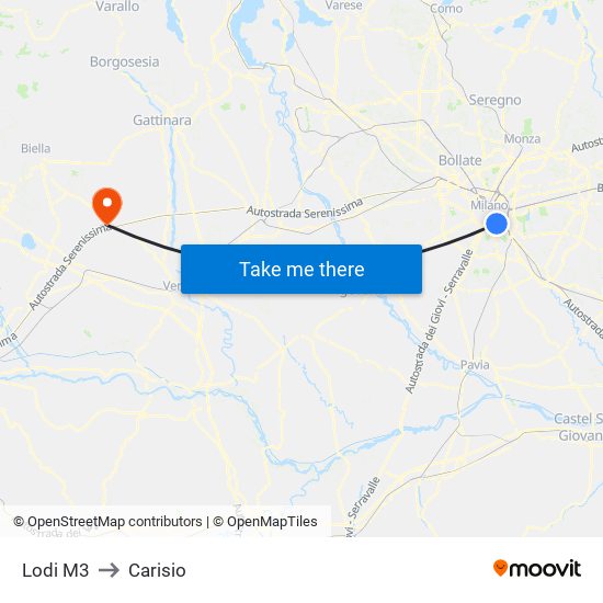 Lodi M3 to Carisio map