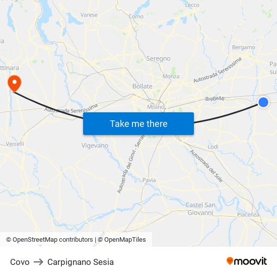 Covo to Carpignano Sesia map