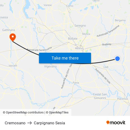 Cremosano to Carpignano Sesia map