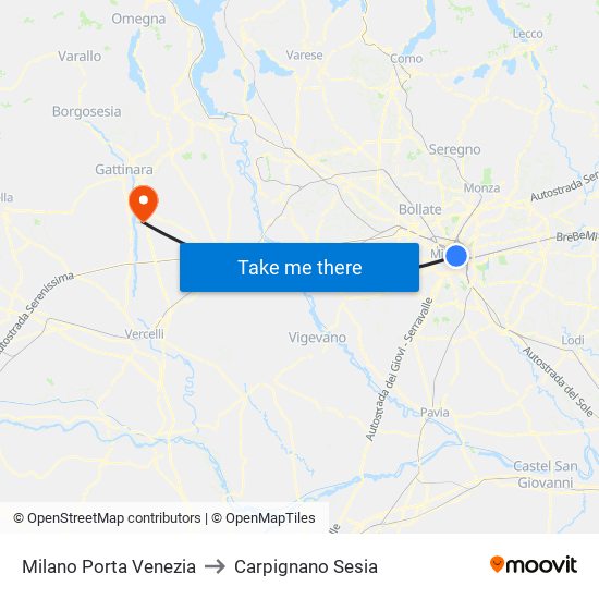 Milano Porta Venezia to Carpignano Sesia map