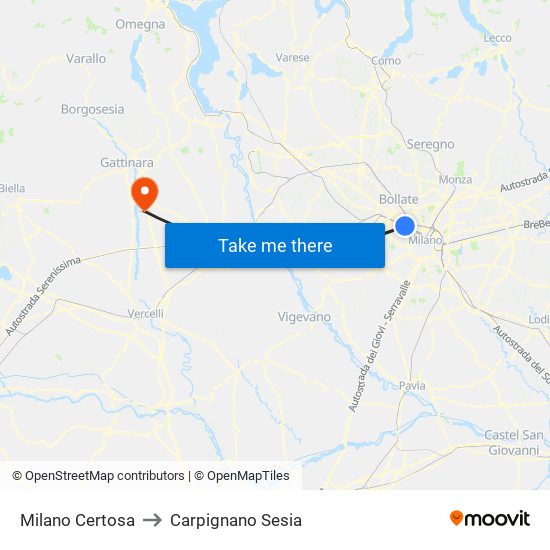 Milano Certosa to Carpignano Sesia map