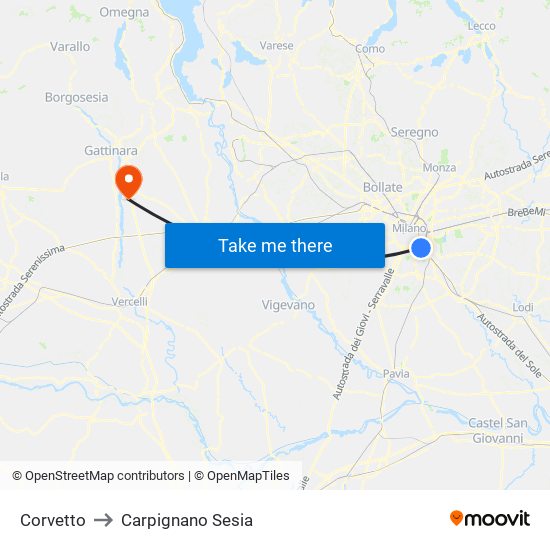 Corvetto to Carpignano Sesia map