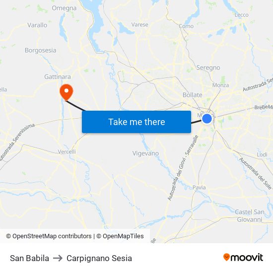 San Babila to Carpignano Sesia map