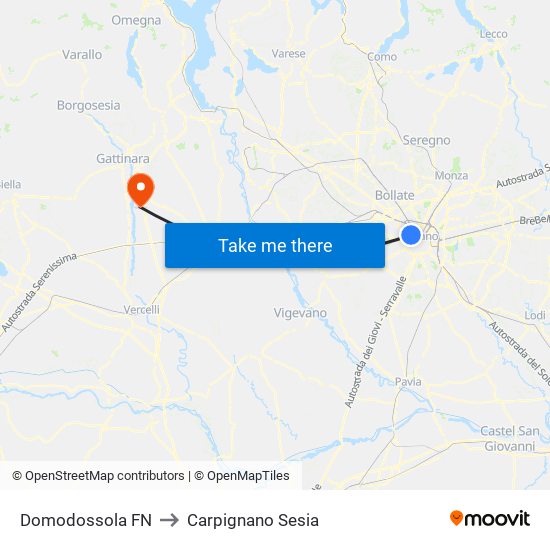Domodossola FN to Carpignano Sesia map