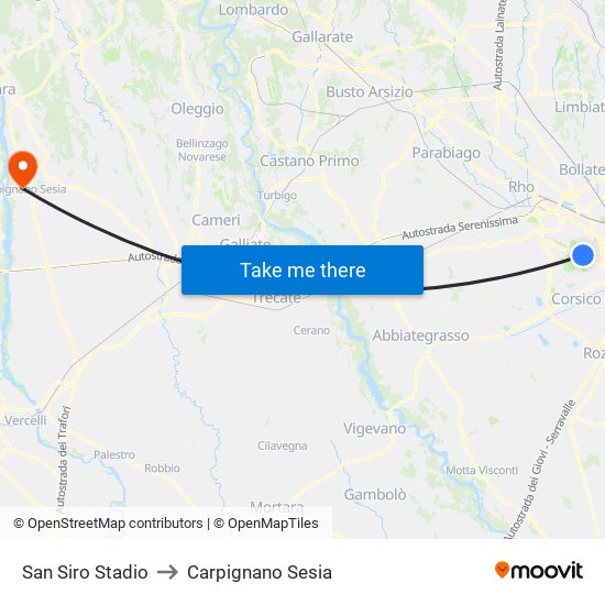 San Siro Stadio to Carpignano Sesia map