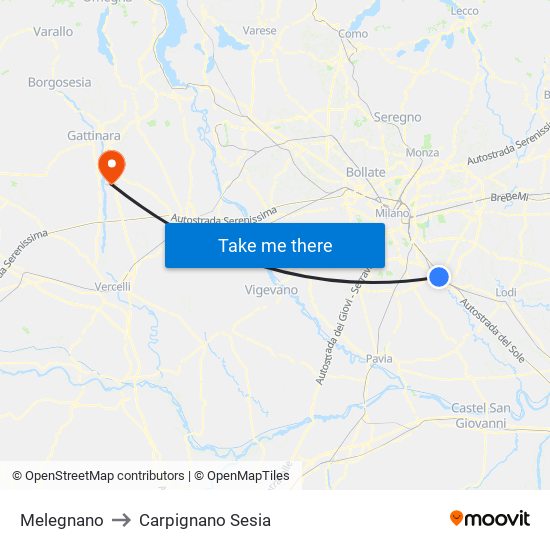 Melegnano to Carpignano Sesia map