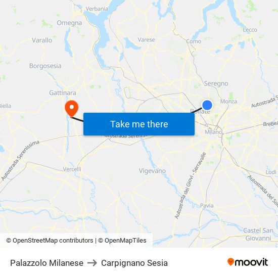Palazzolo Milanese to Carpignano Sesia map