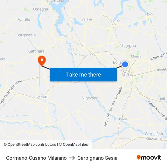 Cormano-Cusano Milanino to Carpignano Sesia map