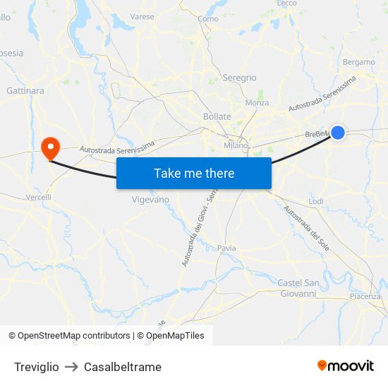 Treviglio to Casalbeltrame map