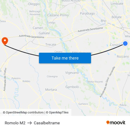 Romolo M2 to Casalbeltrame map