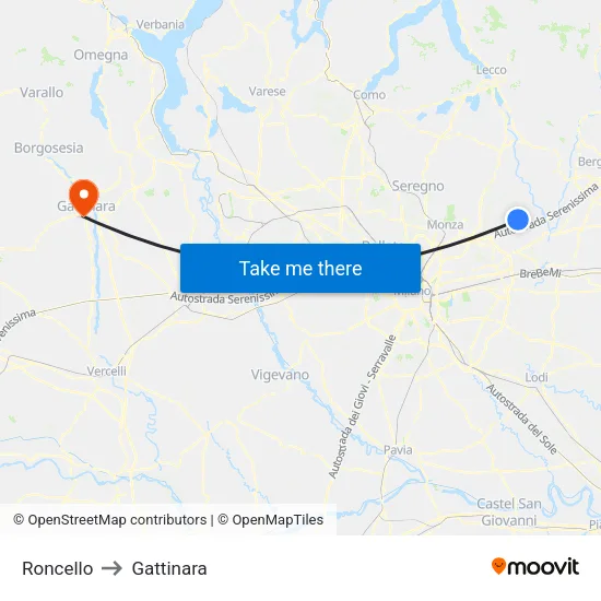Roncello to Gattinara map