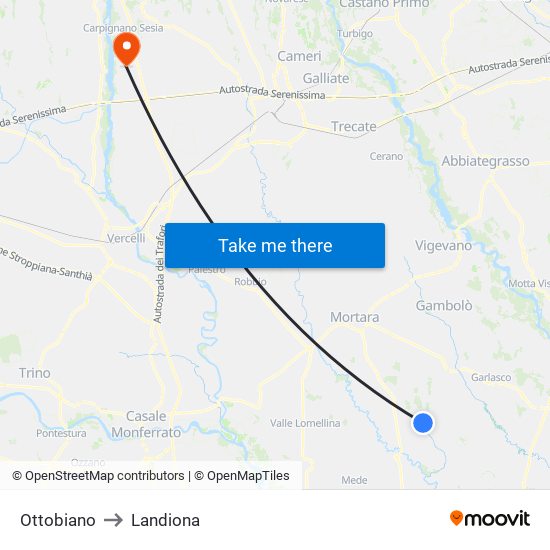 Ottobiano to Landiona map