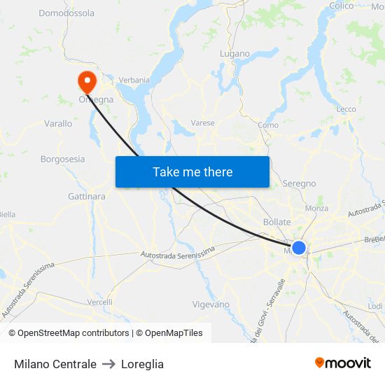 Milano Centrale to Loreglia map