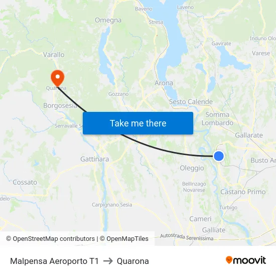 Malpensa Aeroporto T1 to Quarona map